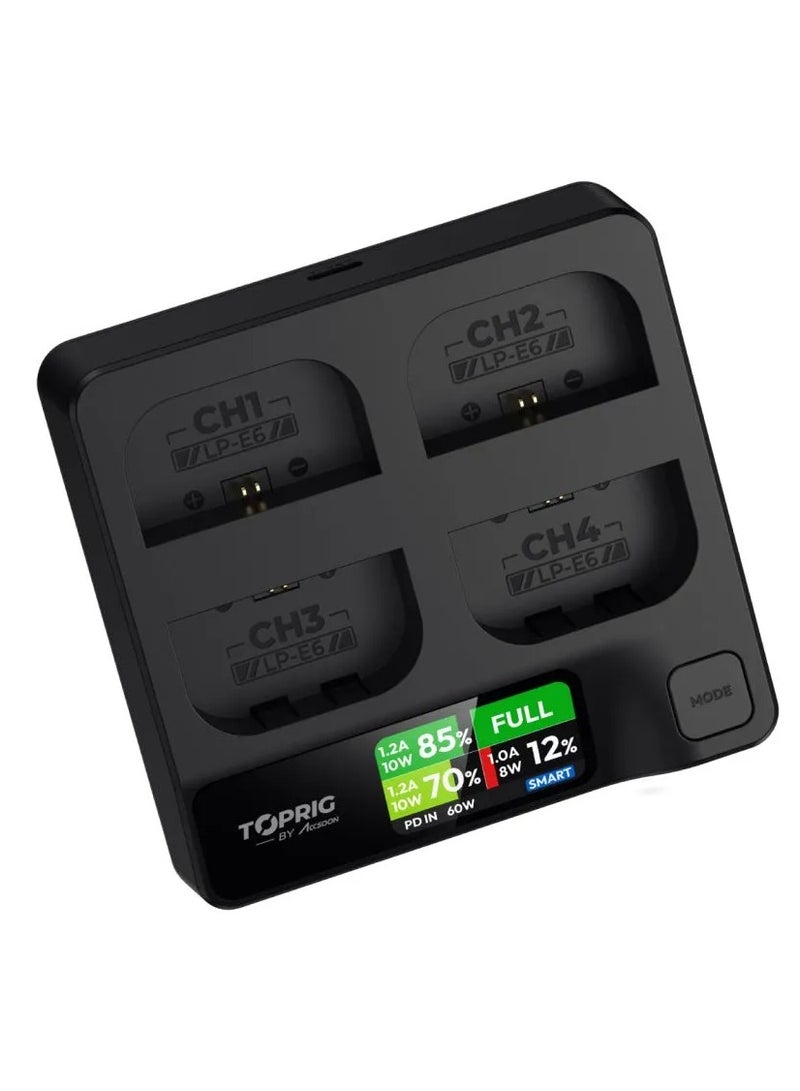 Accsoon TOPRIG 100W 4-Bay LP-E6 Fast Charger – Simultaneous Charging, USB-C PD 3.0, LCD Display, CNC Aluminum Build - Image 3