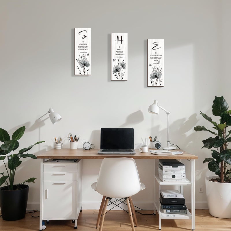 DONFENTHY 3 Pieces Inspirational Black Floral Wall Decor Wooden Hanging Wall Art Christian Quotes SHE Word Sign Black White Wall Art Gift for Girl Teen Women Bedroom Bathroom Office (Black 12x4 Inch) - Image 3