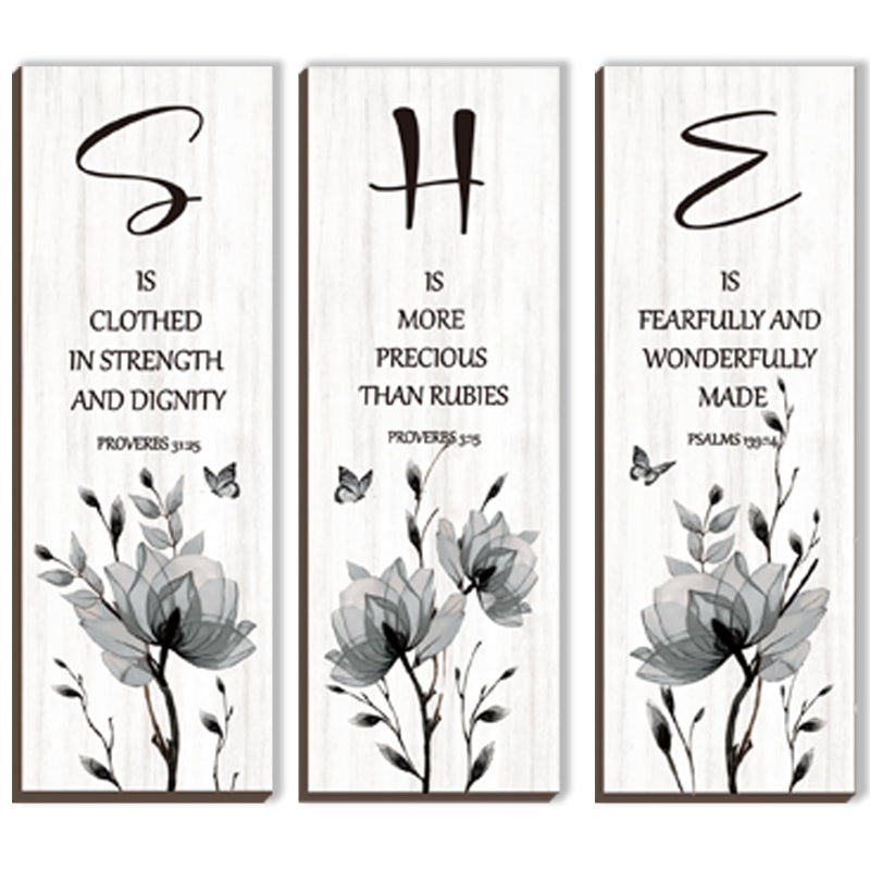 DONFENTHY 3 Pieces Inspirational Black Floral Wall Decor Wooden Hanging Wall Art Christian Quotes SHE Word Sign Black White Wall Art Gift for Girl Teen Women Bedroom Bathroom Office (Black 12x4 Inch) - Image 1