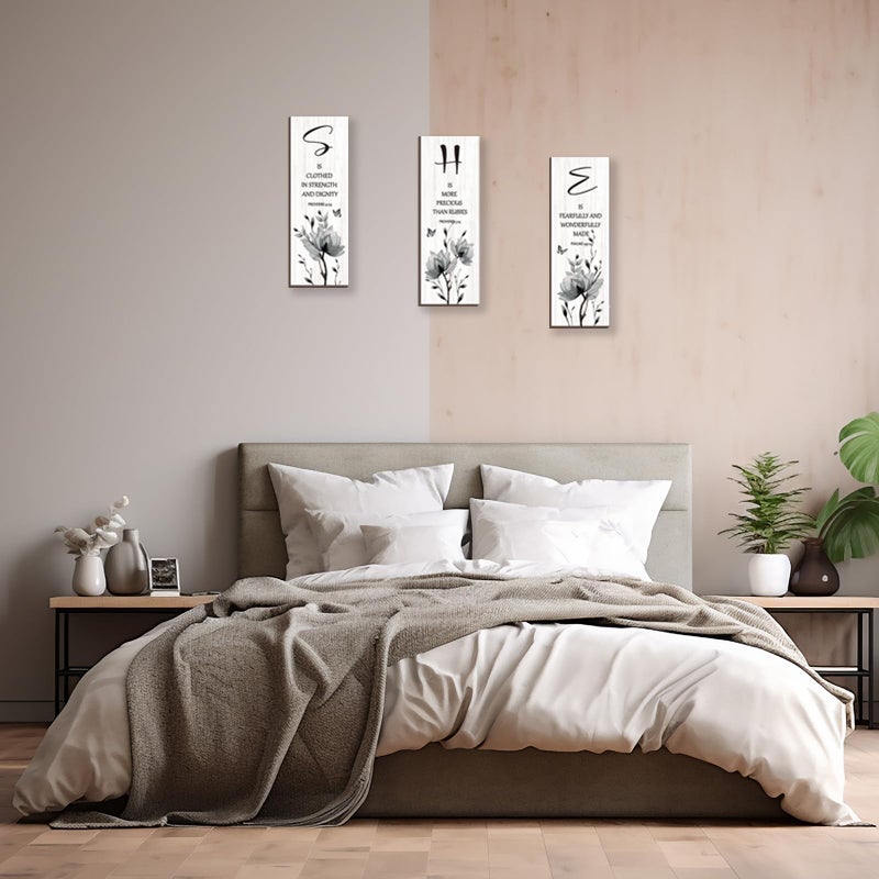 DONFENTHY 3 Pieces Inspirational Black Floral Wall Decor Wooden Hanging Wall Art Christian Quotes SHE Word Sign Black White Wall Art Gift for Girl Teen Women Bedroom Bathroom Office (Black 12x4 Inch) - Image 4