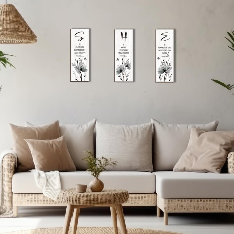 DONFENTHY 3 Pieces Inspirational Black Floral Wall Decor Wooden Hanging Wall Art Christian Quotes SHE Word Sign Black White Wall Art Gift for Girl Teen Women Bedroom Bathroom Office (Black 12x4 Inch) - Image 2