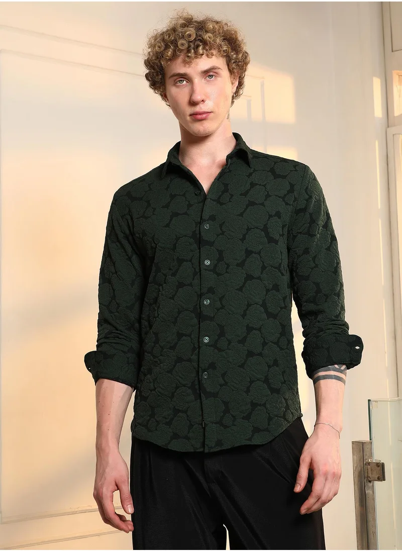 Campus Sutra Men's Dark Green Textured Floral Cotton Blend Shirt