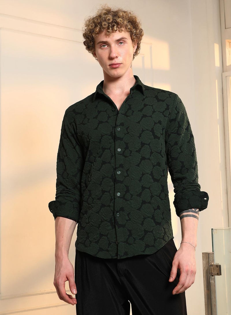 Campus Sutra Men's Dark Green Textured Floral Cotton Blend Shirt - Image 2
