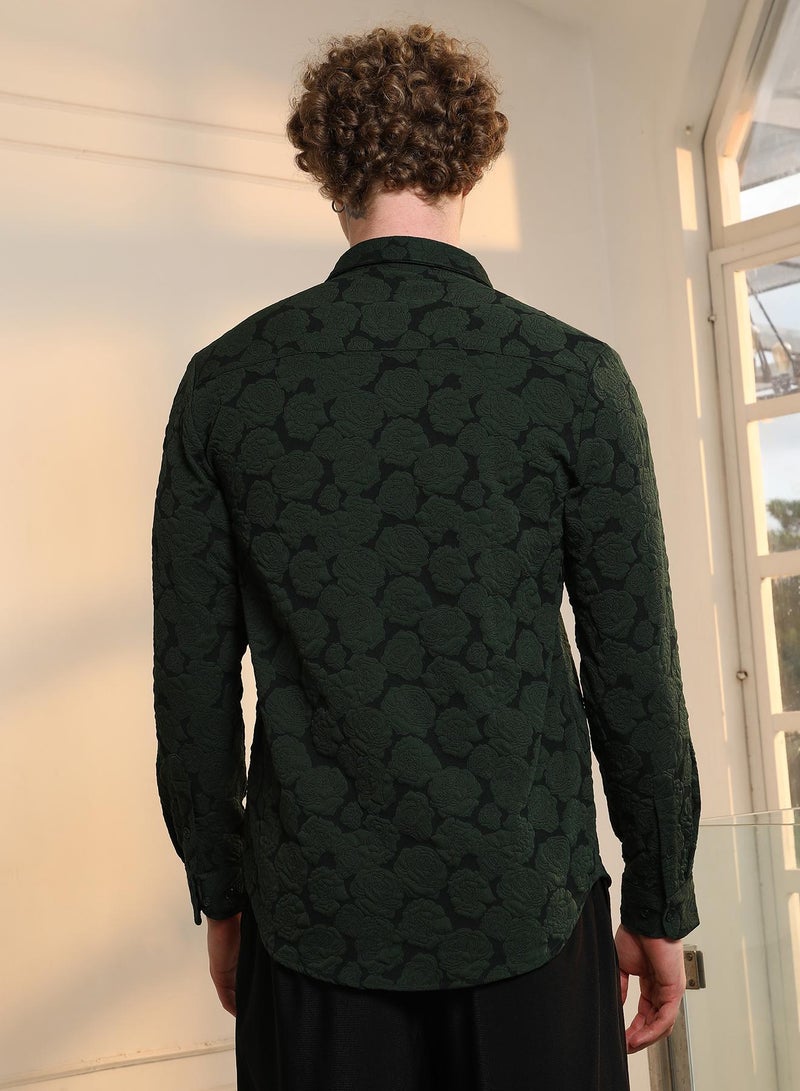 Campus Sutra Men's Dark Green Textured Floral Cotton Blend Shirt - Image 5