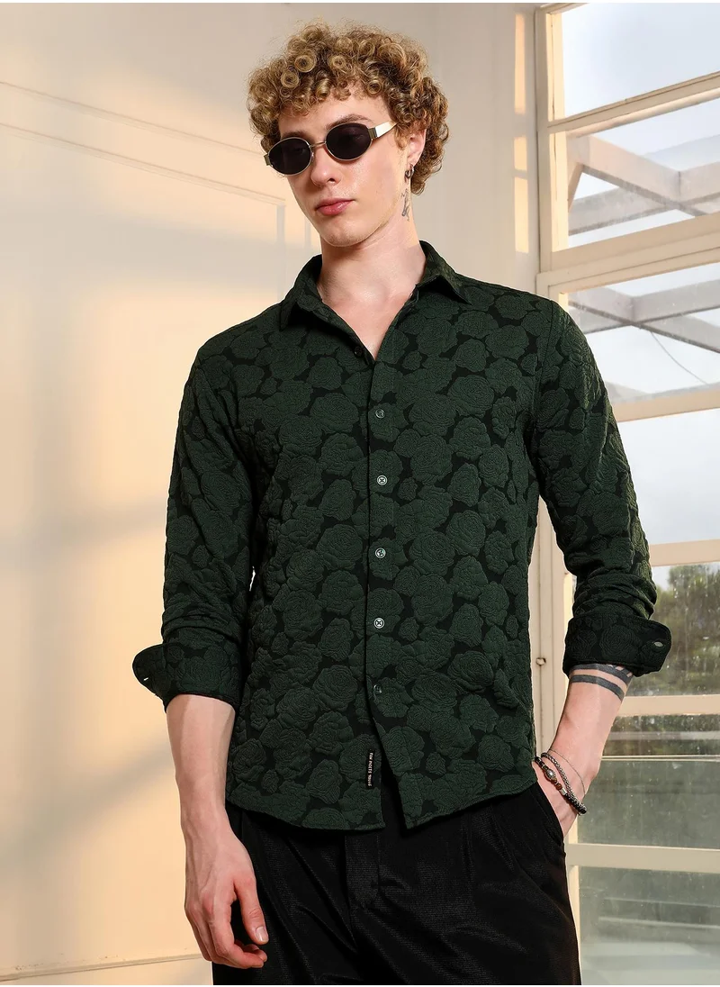 Campus Sutra Men's Dark Green Textured Floral Cotton Blend Shirt