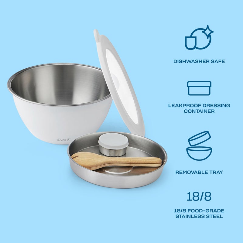 S'well Stainless Steel Salad Bowl Kit XL 184oz, Angel Food, Includes 5oz Canister For Dressing, Serving Utensils, and Removable Tray, Leakproof, Easy to Clean, Dishwasher and Refrigerator Safe - Image 3