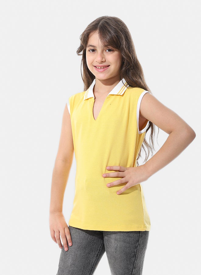 Andora Sleeveless Pique Girls Polo Shirt _ Yellow & White - Image 1