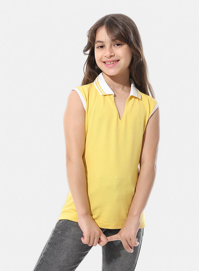 Andora Sleeveless Pique Girls Polo Shirt _ Yellow & White - Image 2
