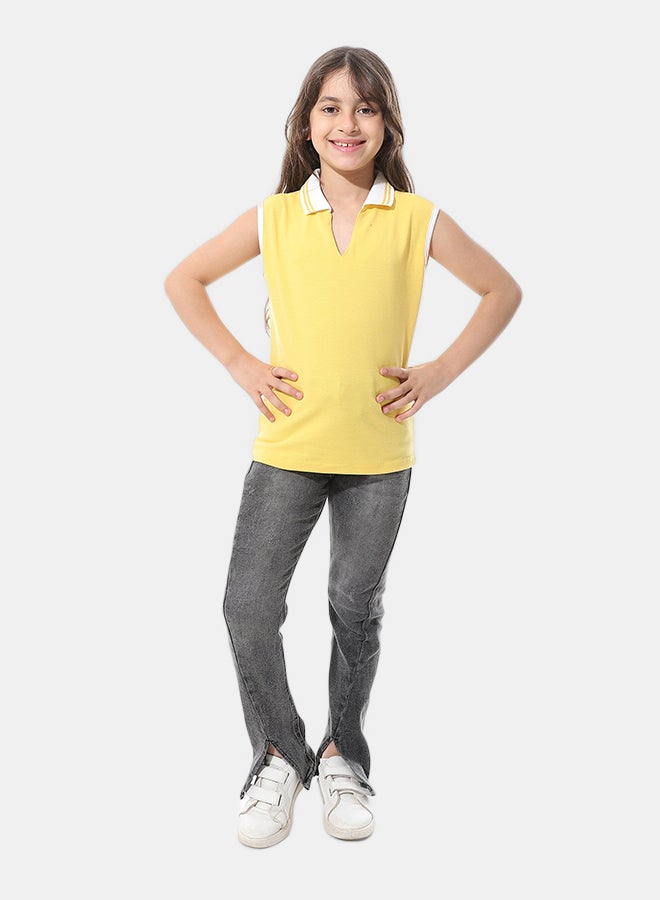 Andora Sleeveless Pique Girls Polo Shirt _ Yellow & White - Image 5