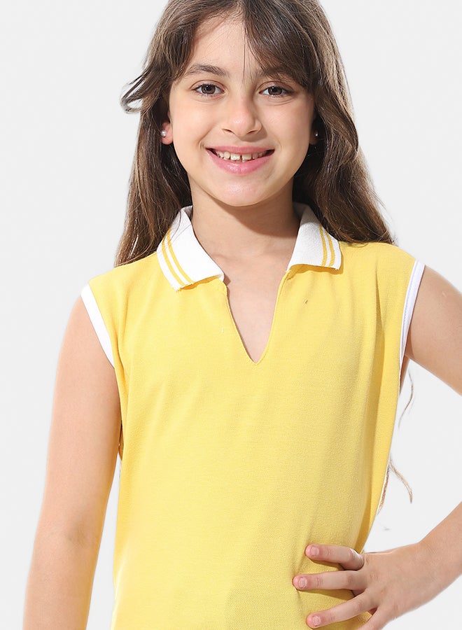 Andora Sleeveless Pique Girls Polo Shirt _ Yellow & White - Image 3