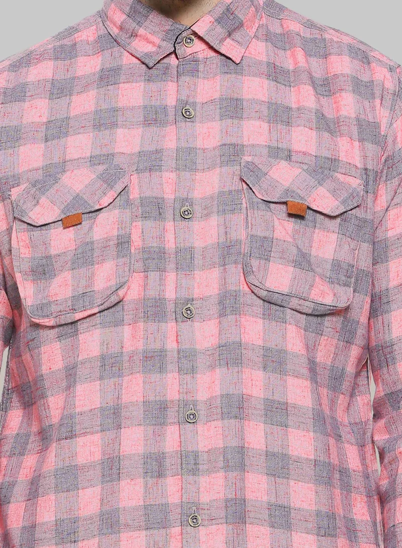 Campus Sutra Men's Blush Pink & Moon Grey Tartan Plaid Shirt