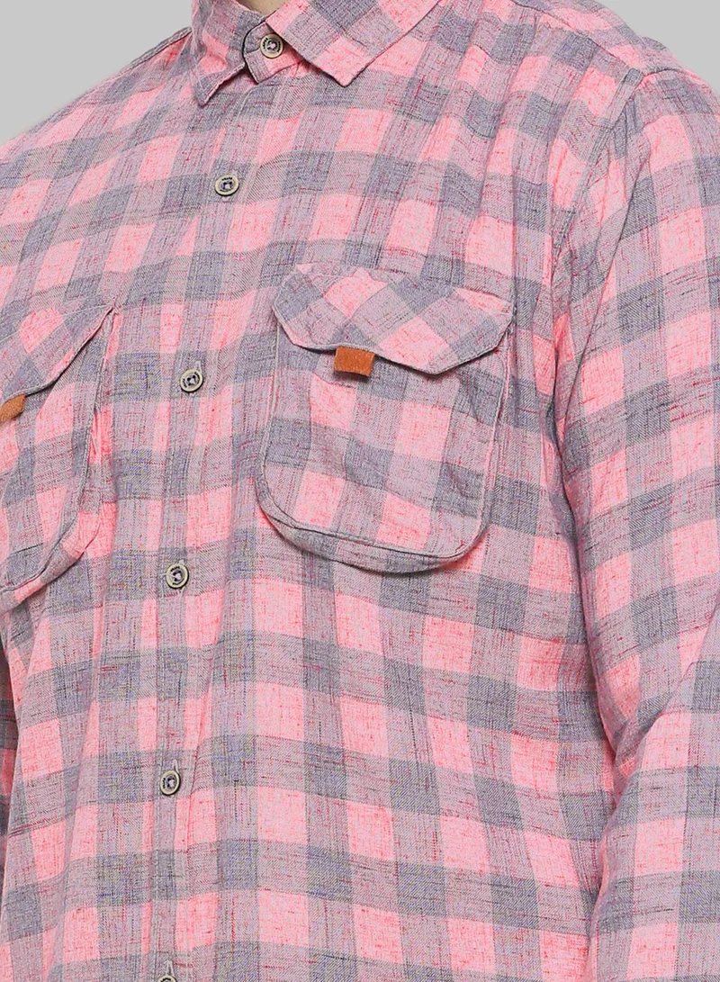 Campus Sutra Men's Blush Pink & Moon Grey Tartan Plaid Shirt