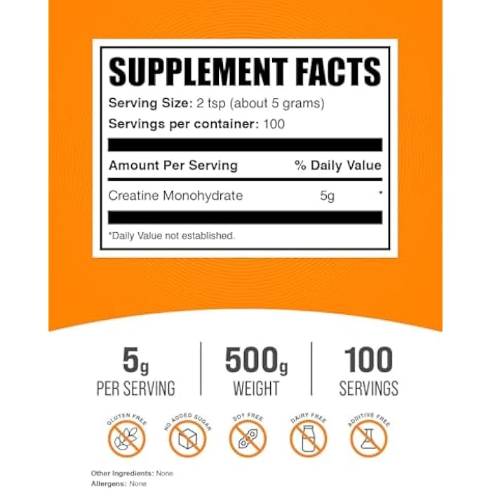 BulkSupplements.com Creatine Monohydrate Powder - Micronized Creatine Powder, Unflavored - Pure & Gluten Free, 5g per Serving, 500g (1.1 lbs) (Pack of 1) - Image 2