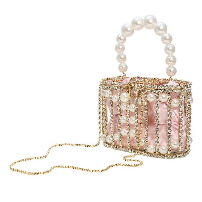 Tasysain Women Rhinestone Cage Bag Sparkling Hollow Pearl Evening Clutch Glitter Double-layer Detachable Basket Handbag, Pink - Image 5
