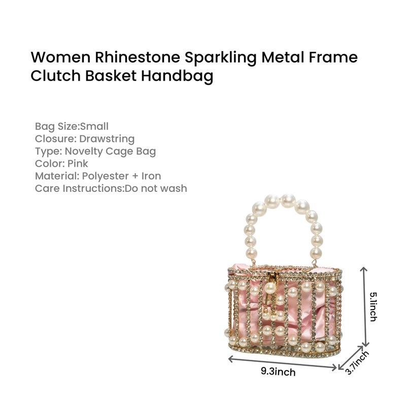 Tasysain Women Rhinestone Cage Bag Sparkling Hollow Pearl Evening Clutch Glitter Double-layer Detachable Basket Handbag, Pink - Image 4