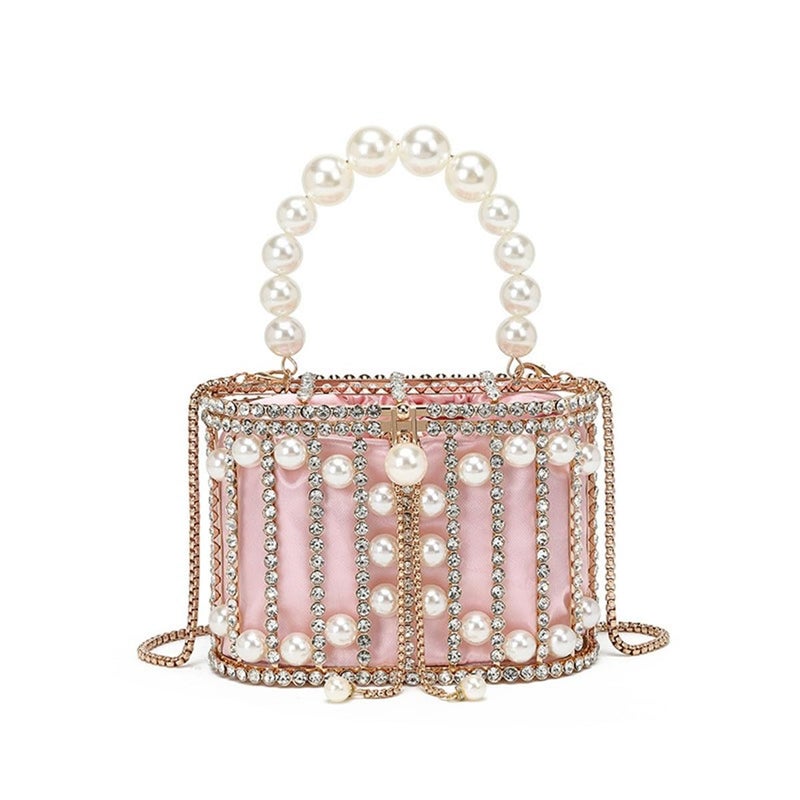 Tasysain Women Rhinestone Cage Bag Sparkling Hollow Pearl Evening Clutch Glitter Double-layer Detachable Basket Handbag, Pink - Image 1
