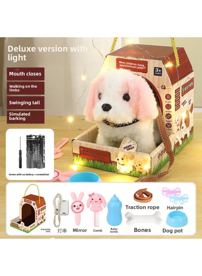 Children's Electric Simulation Bunny Plush Toy Girl Pet White Rabbit Doll Girl Birthday Gift-Color:Pink And White Dog + Dog House + Accessories + Lighting Set-Specification:Add Rechargeable Battery + Charger  - Image 1