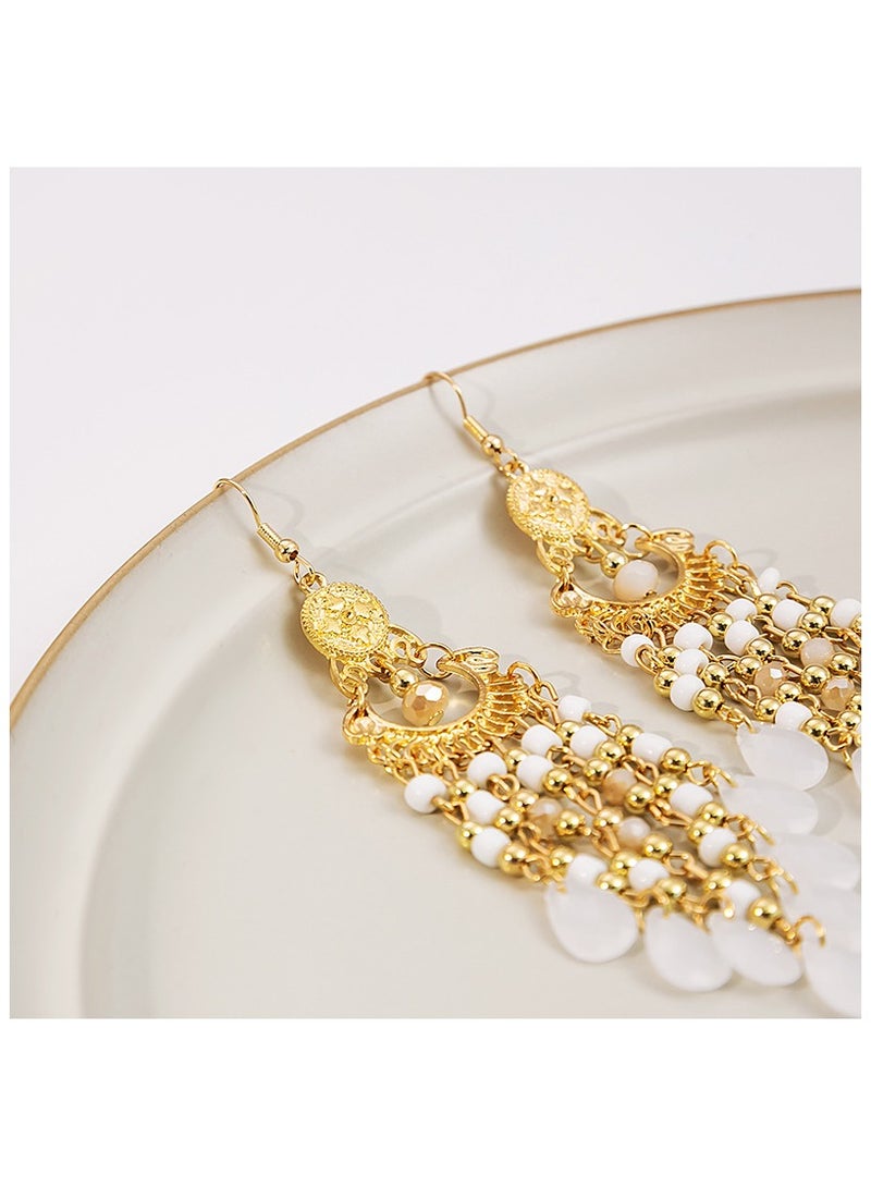 Handmade Bohemian Earrings Vintage Drop Dangle Earrings for Women Colorful Boho Flower Beaded Tassel Earrings Drop Earrings Boho Ethnic Water Drop Statement Earrings(White)  - Image 4