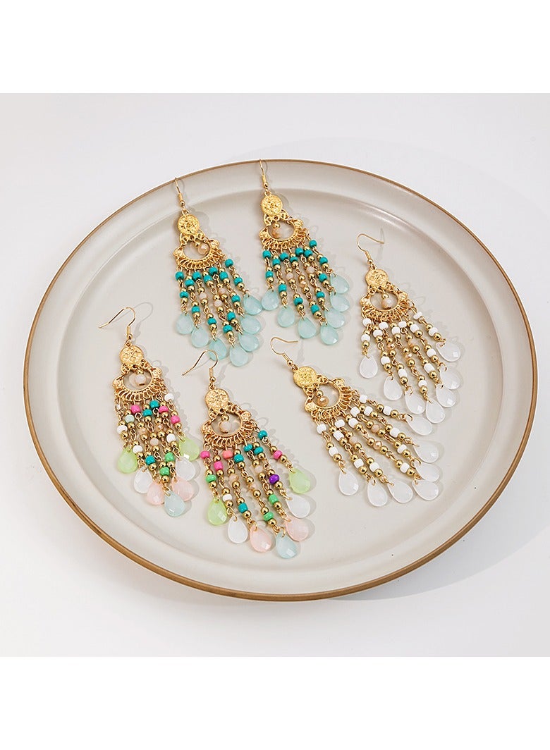 Handmade Bohemian Earrings Vintage Drop Dangle Earrings for Women Colorful Boho Flower Beaded Tassel Earrings Drop Earrings Boho Ethnic Water Drop Statement Earrings(White)  - Image 5