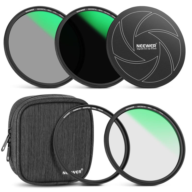 NEEWER 72mm 5-in-1 Magnetic Lens Filter Kit, Includes Neutral Density ND1000+MCUV+CPL+Adapter Ring+Filter Cap with 42-Layer Coating/Ultra Slim/Scratch Resistant HD Optical Glass&Water-Resistant Pouch - Image 1