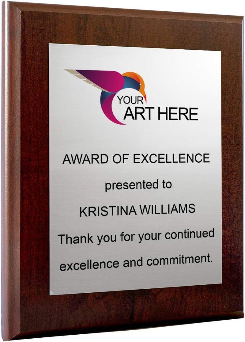 PlaqueMaker Custom Aluminum Metal Award Plaque with Full Color Printing - Include Photos Or Logos and Your Personal Text (8 x 10", Coated Cherry Board w/Silver Metal) - Image 1