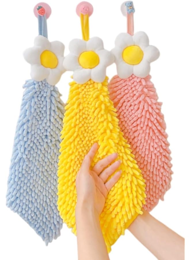 The Bros 3 Pack Hand Towels,Kitchen Hand Towels with Loop,Hanging Hand Towels for Bathroom,Soft Absorbent Flower Hand Bath Towels, For Kitchen Washstand or Bathroom(Yellow Pink Blue)