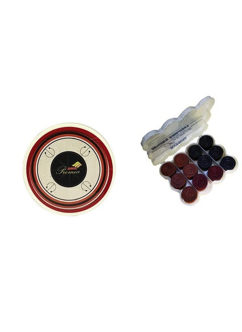 Synco 3 Year And Up Wooden Carrom Coins Set With Carrom Striker Professional 15G Combo Set, Assorted Color (Premia Striker With Premia Coins In PVC Box)