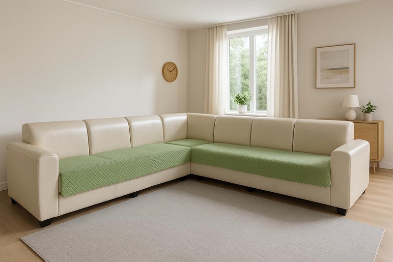 KINGLY Velvet Quilted L-Shape 5 Seater (3+2) Universal Sofa Protector – Premium Non-Slip Fit, Machine Washable Couch Mat for L-Shaped Sofa Set in Living Room (Green, 2pc Set – 23x27 & 69x27) - Image 1