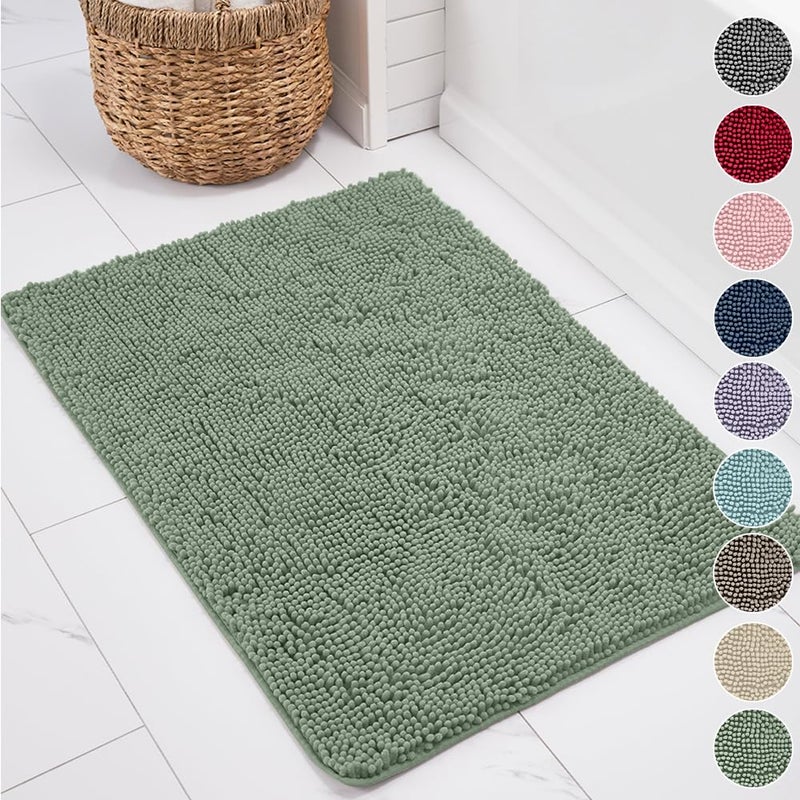 KANGAROO Bathroom Rugs  Chenille Soft Absorbent Bath Rug  Shaggy Shower Mat  Quick Dry Machine Wash Bathmat  Plush Carpet Mats for Tub  Bathtub and Bath Room Home Decor Accessories  24x17  Sage - Image 1