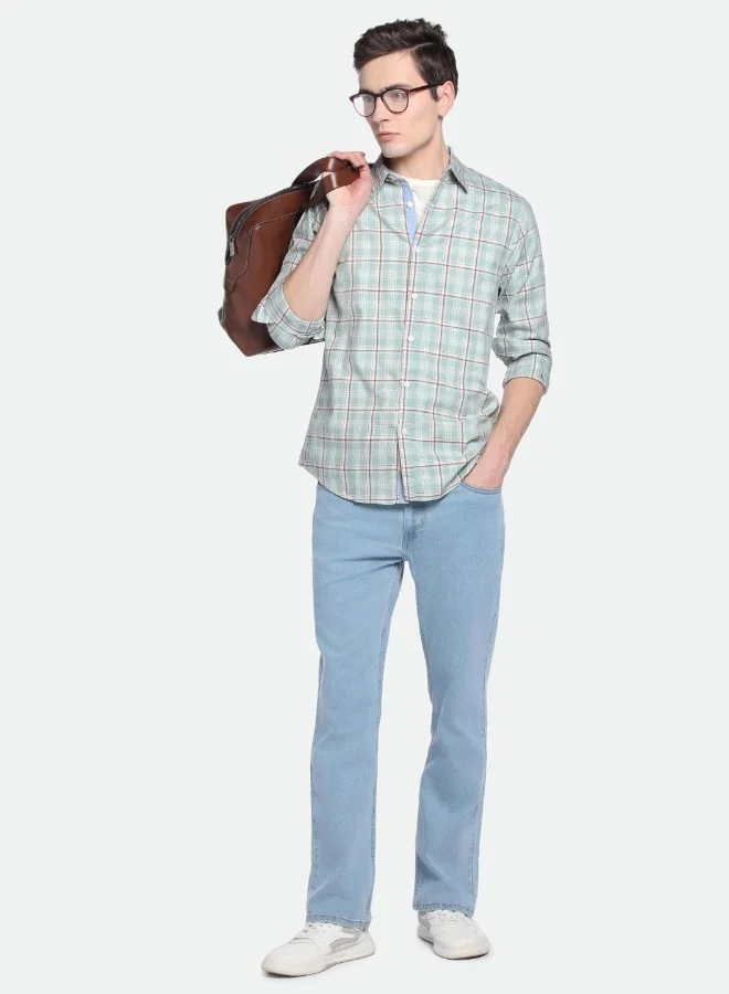 Dennis Lingo Green Slim Fit Checks Shirt for Men - Cotton, Full Sleeves, Spread Collar, Casual,