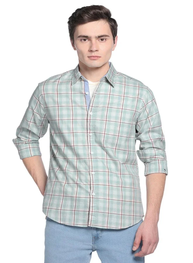 Dennis Lingo Green Slim Fit Checks Shirt for Men - Cotton, Full Sleeves, Spread Collar, Casual,