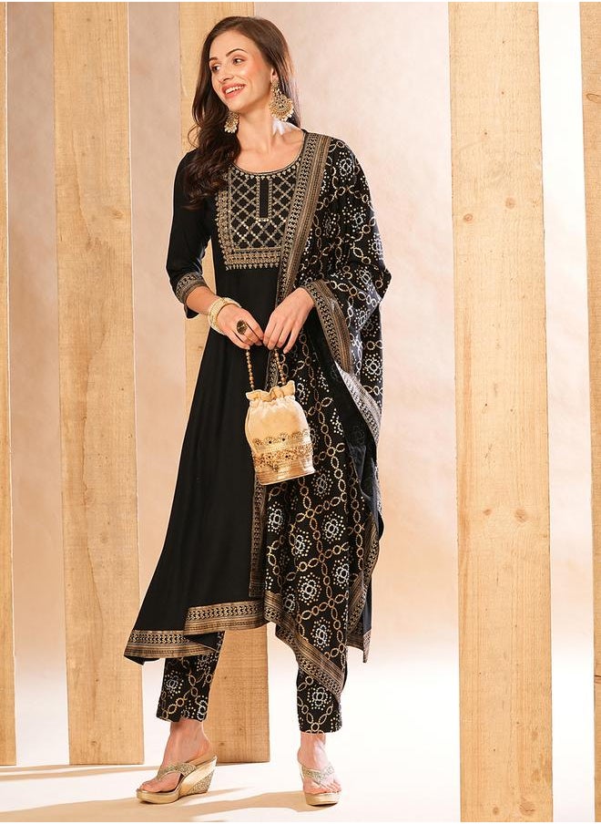 globus - Embroidered A-Line Kurta with Printed Pants and Dupatta Set by Styli - Image 1