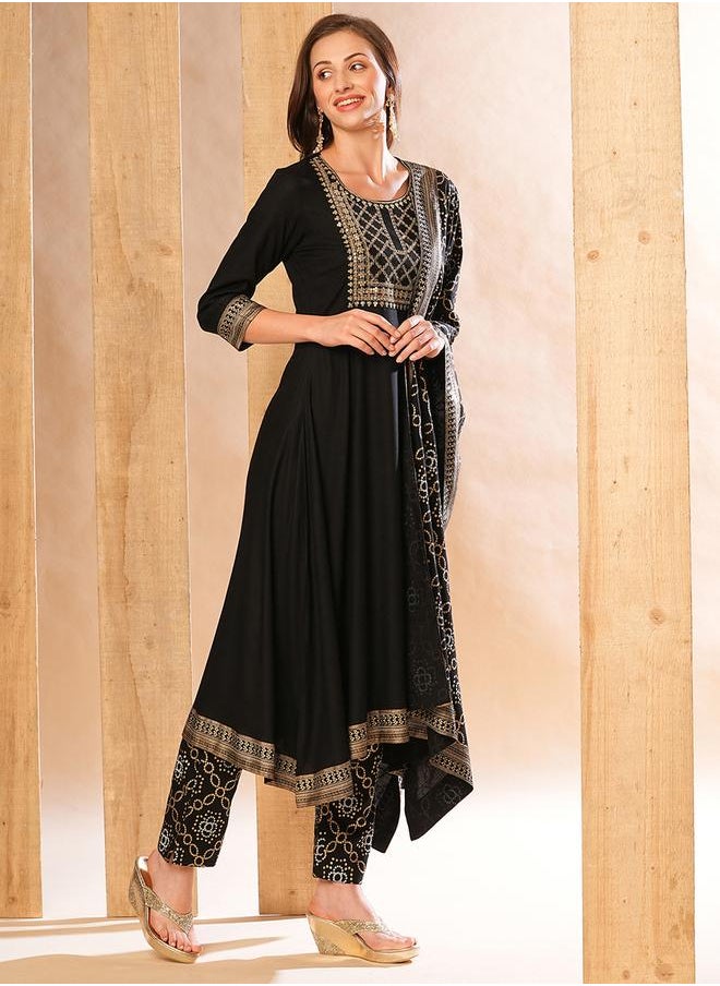 globus - Embroidered A-Line Kurta with Printed Pants and Dupatta Set by Styli - Image 1
