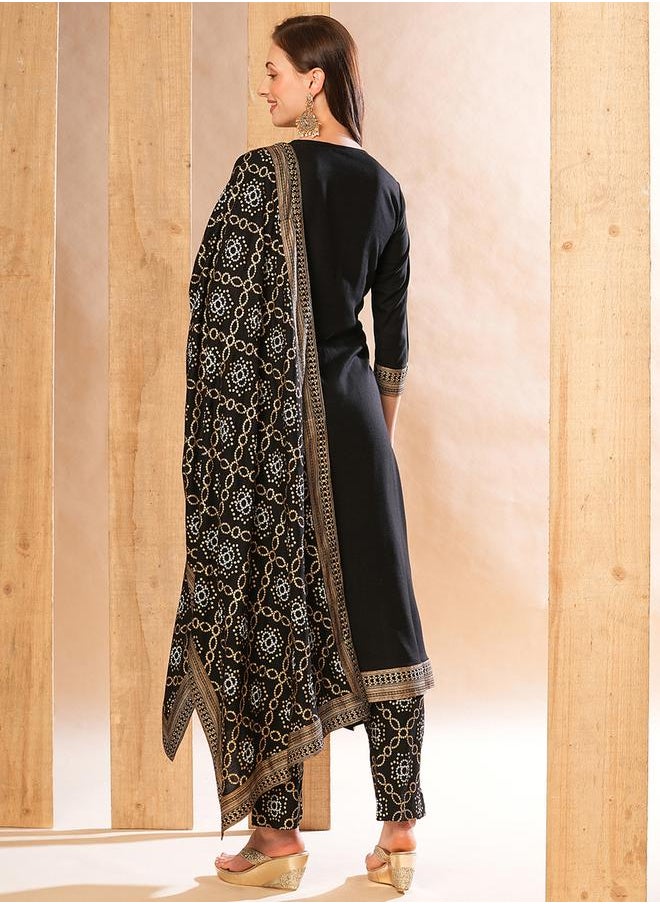 globus - Embroidered A-Line Kurta with Printed Pants and Dupatta Set by Styli - Image 1