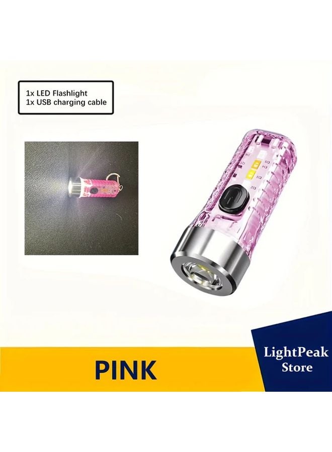 Pink Mini Keychain Flashlight USB Rechargeable 8 Mode Torch For Emergency Camping - Image 1