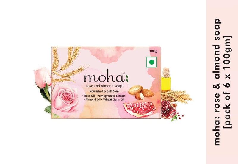 moha Rose and Almond Bath Soap Unisex Bathing Bar with the benefits of Rose oil Pomegranate extract Almond oil wheat germ oil for soft nourished and youthful skin  100gm Pack of 6 - Image 2
