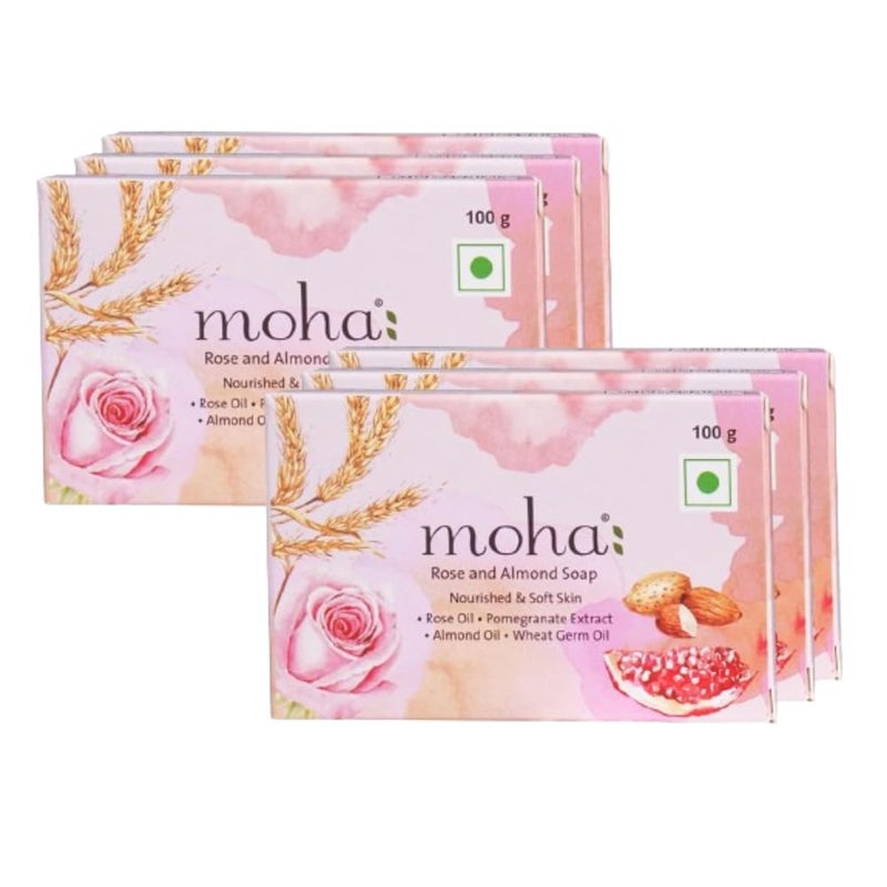 moha Rose and Almond Bath Soap Unisex Bathing Bar with the benefits of Rose oil Pomegranate extract Almond oil wheat germ oil for soft nourished and youthful skin  100gm Pack of 6 - Image 1