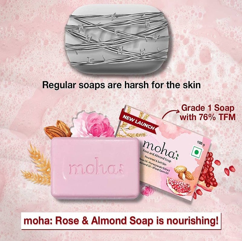 moha Rose and Almond Bath Soap Unisex Bathing Bar with the benefits of Rose oil Pomegranate extract Almond oil wheat germ oil for soft nourished and youthful skin  100gm Pack of 6 - Image 3
