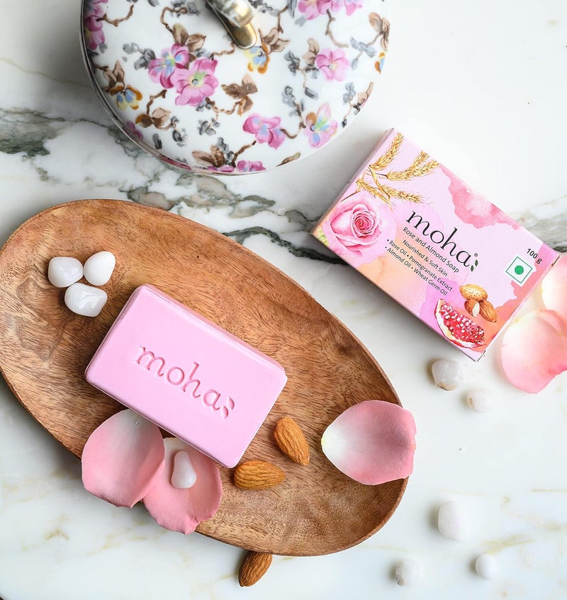 moha Rose and Almond Bath Soap Unisex Bathing Bar with the benefits of Rose oil Pomegranate extract Almond oil wheat germ oil for soft nourished and youthful skin  100gm Pack of 6 - Image 5
