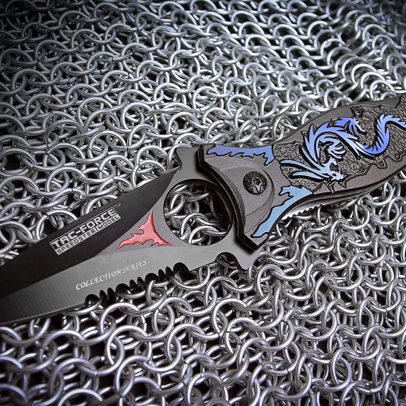 Tac-Force TAC Force TF-707 Series Assisted Opening Folding Knife, Black Half-Serrated Blade, Dragon Handle, 4-1/2-Inch Closed - Image 3