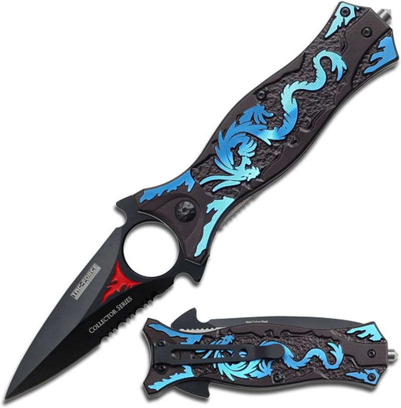 Tac-Force TAC Force TF-707 Series Assisted Opening Folding Knife, Black Half-Serrated Blade, Dragon Handle, 4-1/2-Inch Closed - Image 1