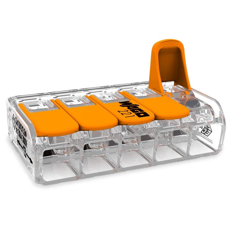 Wago Compact Splicing Connector For All Conductor Types Max.6 Mm 5-Conductor With Levers Transparent Housing Surrounding Air Temperature Max 85C (T85) 6 00 Mm Transparent 221-615 (15 Pcs) - Image 1