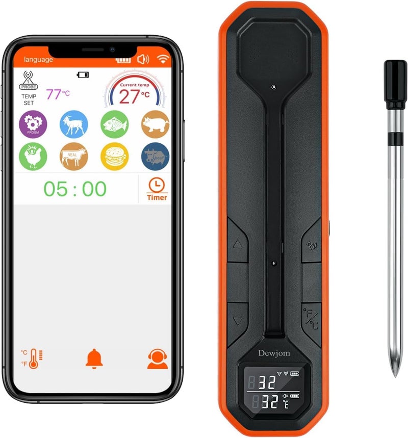 Dewjom Wireless Meat Thermometer – Digital Cooking Thermometer with Wireless Probe – 500Ft Remote Range Food Thermometer – with iOS & Android Read App -Preprogrammed Temperatures for BBQ, Oven, Grill - Image 1