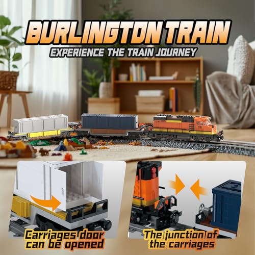 MOCBROPCS Burlington Train Building Set, Freight Cargo Train, with Rechargeable Motorized Working Head, 2 Coaches and 32 Tracks, Gift for Boys&Girls Teens Age12-16 (1065 Pieces) - Image 4