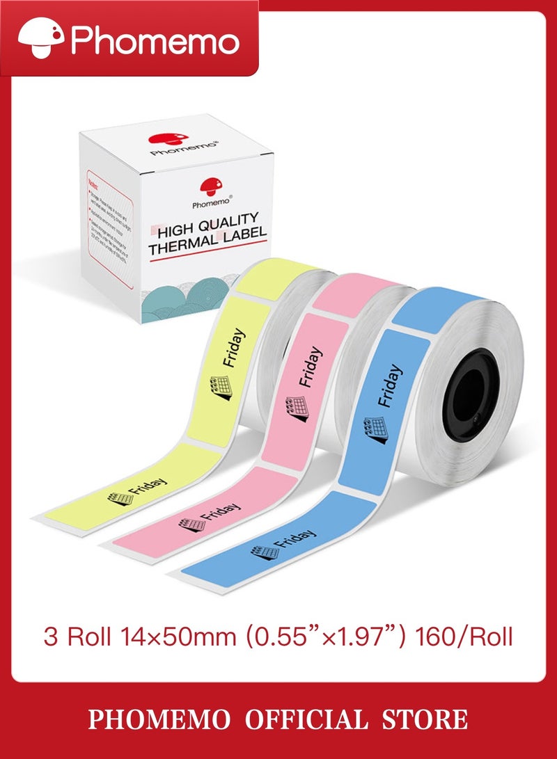 فوميمو ورق ملصقات لاصق ملون مقاس 14 مم × 50 مم (0.55 بوصة × 1.96 بوصة) - 130 ملصقاً لكل لفة، أسود على وردي، أزرق، أصفر، 3 لفات | متوافق مع طابعات D30/D35/Q30/Q30S - Image 1