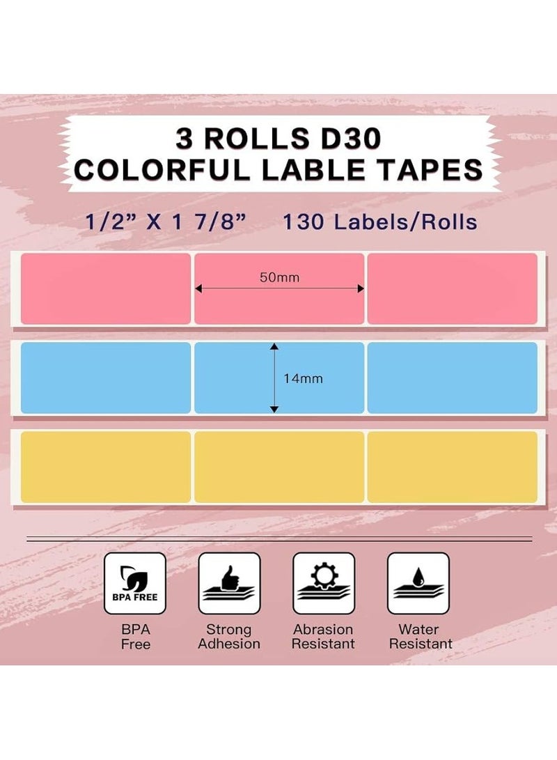 فوميمو ورق ملصقات لاصق ملون مقاس 14 مم × 50 مم (0.55 بوصة × 1.96 بوصة) - 130 ملصقاً لكل لفة، أسود على وردي، أزرق، أصفر، 3 لفات | متوافق مع طابعات D30/D35/Q30/Q30S - Image 3