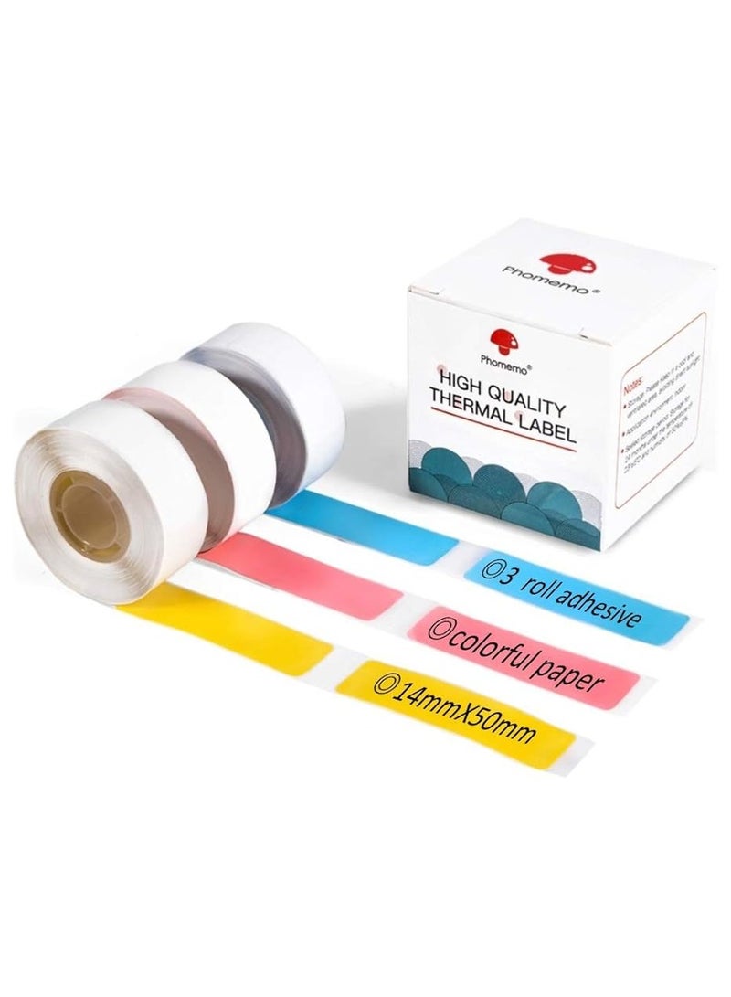 فوميمو ورق ملصقات لاصق ملون مقاس 14 مم × 50 مم (0.55 بوصة × 1.96 بوصة) - 130 ملصقاً لكل لفة، أسود على وردي، أزرق، أصفر، 3 لفات | متوافق مع طابعات D30/D35/Q30/Q30S - Image 2