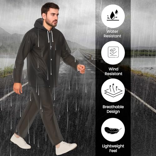 HACER EVA Rainsuit Set 75 GSM with Adjustable Hood Full Sleeves Lightweight Raincoat with Pants Water Resistant Outdoor Travel Rainwear for Men & Women Camping Trekking Hiking (Pack of 1, Black) - Image 3