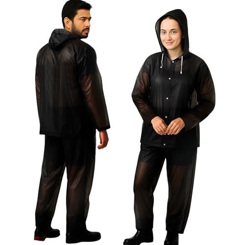 HACER EVA Rainsuit Set 75 GSM with Adjustable Hood Full Sleeves Lightweight Raincoat with Pants Water Resistant Outdoor Travel Rainwear for Men & Women Camping Trekking Hiking (Pack of 1, Black) - Image 1