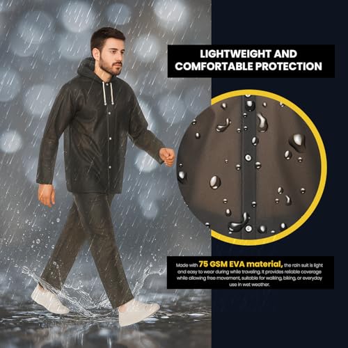 HACER EVA Rainsuit Set 75 GSM with Adjustable Hood Full Sleeves Lightweight Raincoat with Pants Water Resistant Outdoor Travel Rainwear for Men & Women Camping Trekking Hiking (Pack of 1, Black) - Image 5